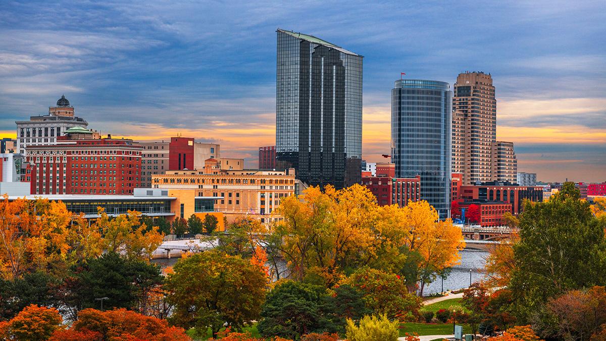 Changing leaves are seen amongst the skyline of Grand Rapids, Michigan 