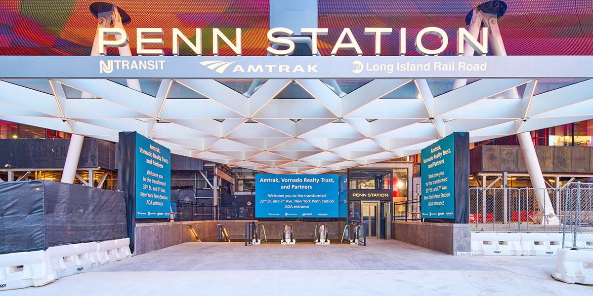 The entrance of Amtrak's Penn Station train station. 