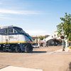 Amtrak California train at a crossing in Lodi