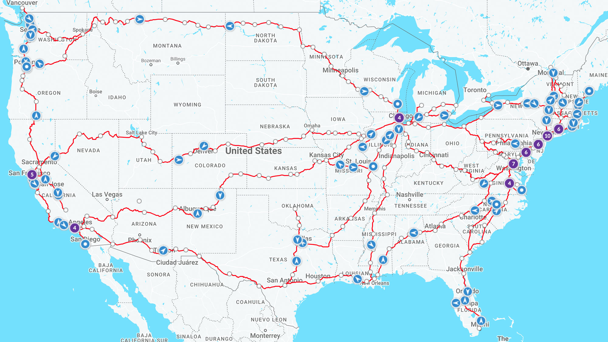 Mapa de Estados Unidos que muestra los trenes y rutas.