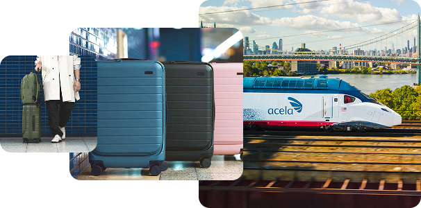 Three images showing three suitcases a man smiling out the window of a train and a train passing the New York City skyline