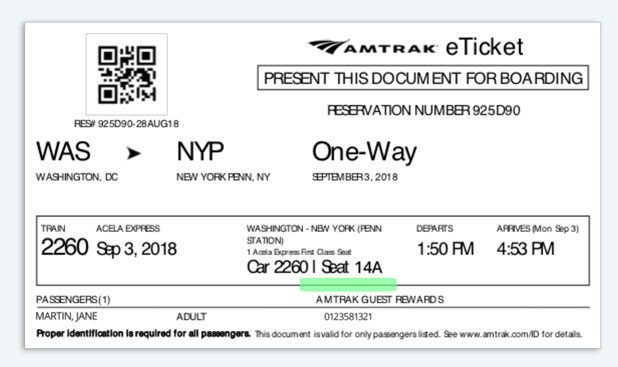 eTicket highlighting assigned seat beside car number 