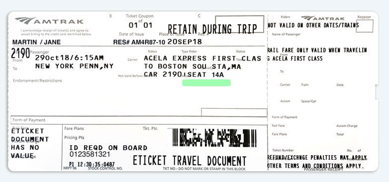 carte d'embarquement indiquant le siège attribué à côté du numéro de voiture