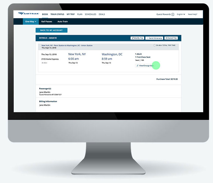 Détails de la réservation sur le site Web d'Amtrak indiquant le siège attribué