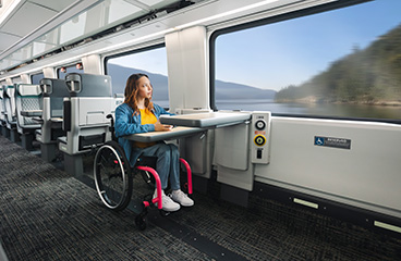 Accessible seating area aboard an Amtrak Cascades train