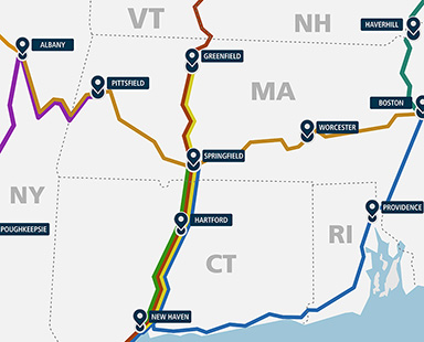 A map of Amtrak routes in Massachusetts