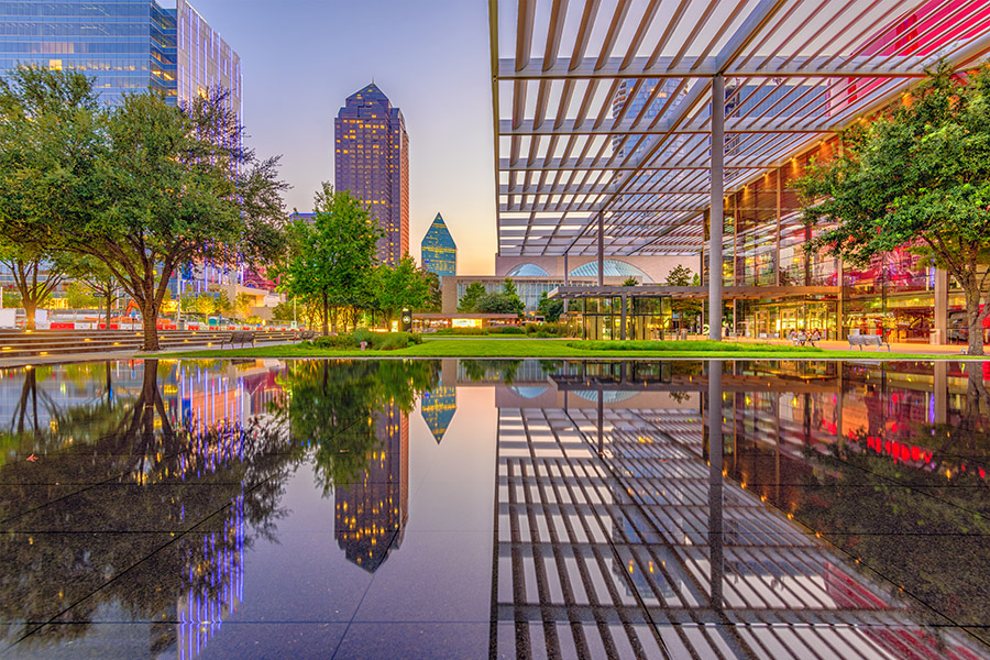 Dallas Texas city skyline from reflecting pool view at museum of art