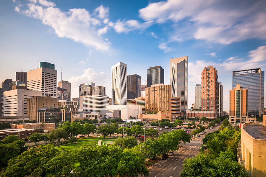 Houston Texas city skyline view with park and clear blue sky 