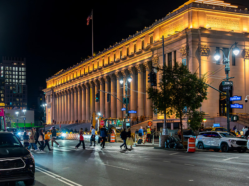 Moynihan Train Hall at Penn Station at night