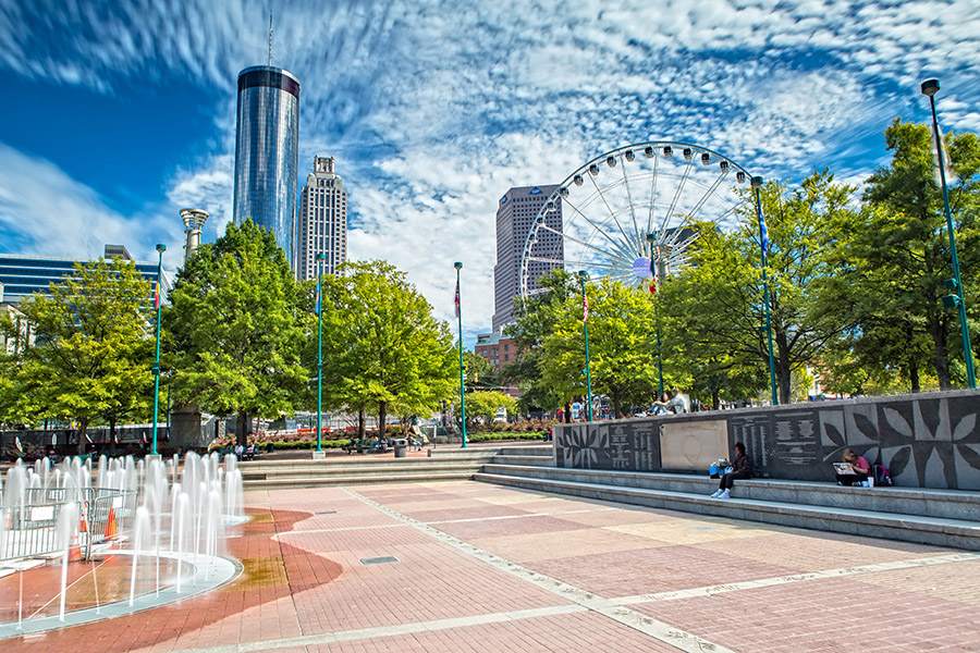 Atlanta Olympic Centennial Park with view of Ferris wheel during sunny day
