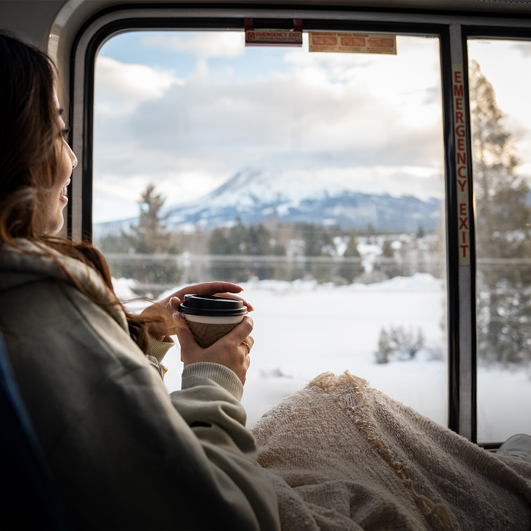 Amtrak train ride snowy terrain view through window
