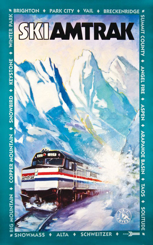 Affiche de commercialisation des destinations de ski Amtrak des années 1990