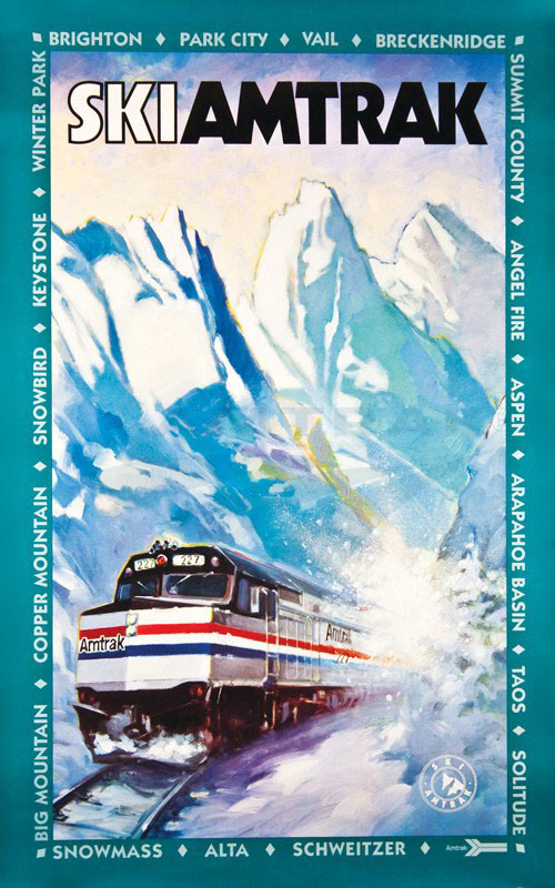 Cartel de marketing de los destinos de esquí de Amtrak de los años 1990