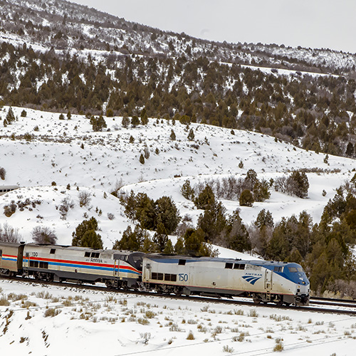 California Zephyr view of snowy landscape and train