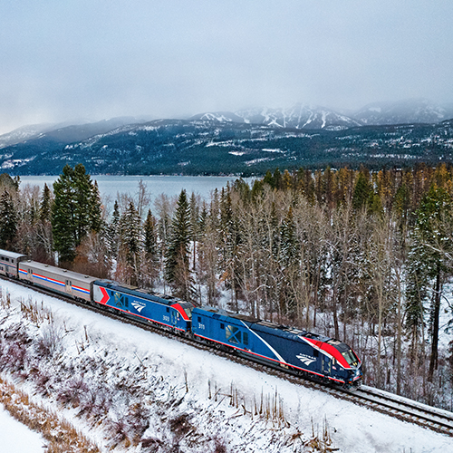 Empire Builder train and view of snowy landscape