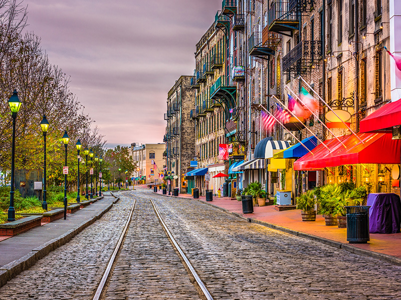 River Street at dusk in Savannah Georgia