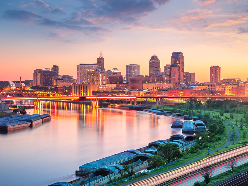 St. Paul-Minneapolis aerial city skyline reflected in Mississippi River