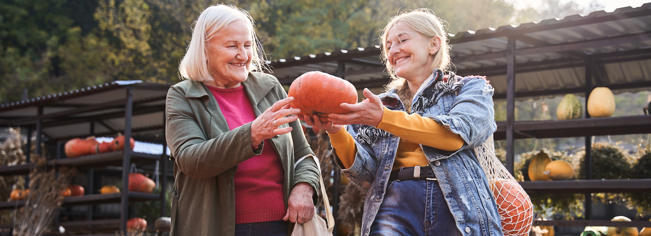 Two women smile while picking pumpkins in Manassas, Virginia.